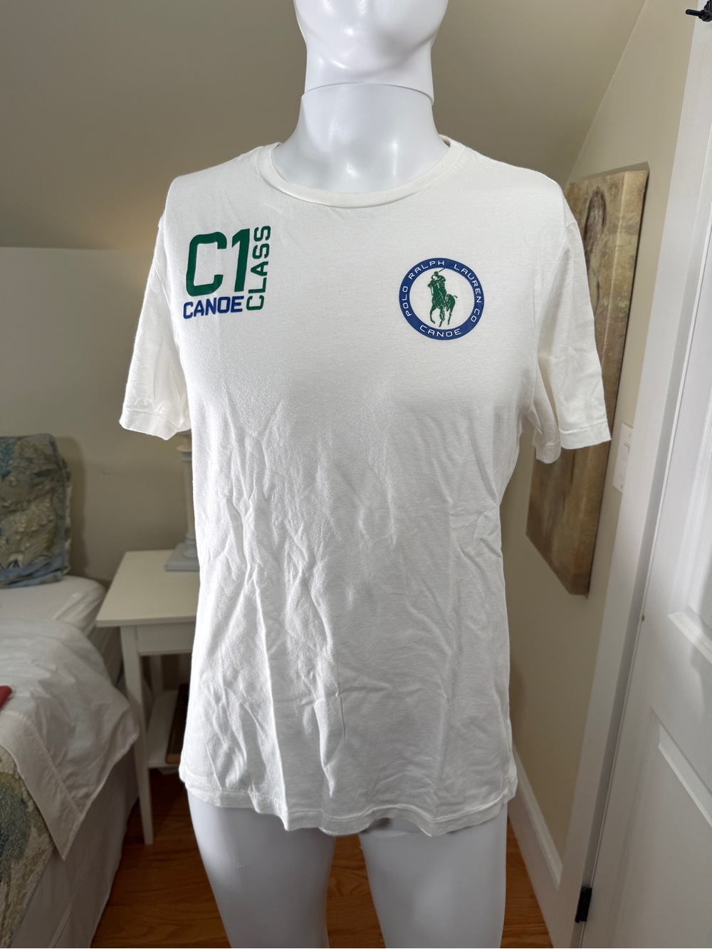 Ralph Lauren White Canoe Club Graphic Tee with Green & Blue Accents